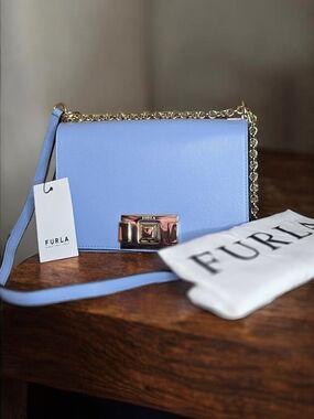 New Furla Light Blue Leather Shoulder Bag with Gold Chain